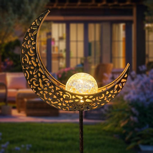 Crescent Moon Solar Garden Stake with Crackle Glass Globe