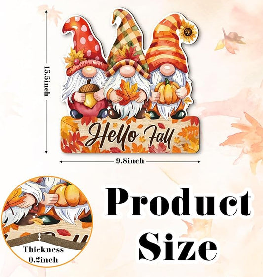 Wood hanging gnome decoration board with three gnomes and 'Hello Fall' lettering