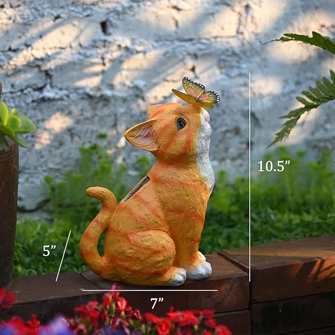 Yellow Cat Solar Garden Statue with LED Light - Waterproof Resin Outdoor Decor