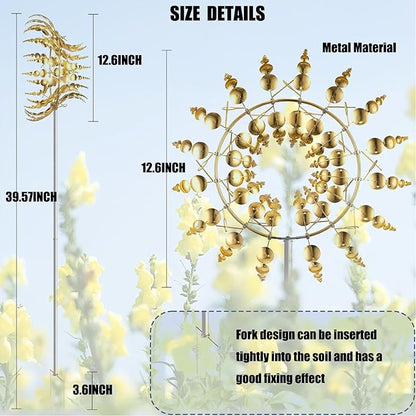 3D Kinetic Metal Wind Spinners – 2-Pack Golden Garden Wind Sculpture | Multi-Directional Ball Bearing | Yard & Garden Decor