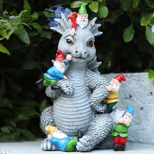 Light gray dragon gnome garden statue with tiny gnomes perched on its back