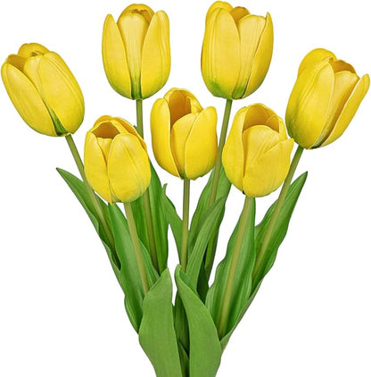 Yellow faux tulip flower stems with green leaves, 7-piece bunch for vases
