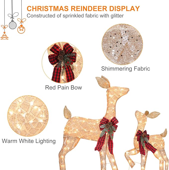 Golden glitter reindeer with warm white lights and red plaid bows, fabric sparkle details