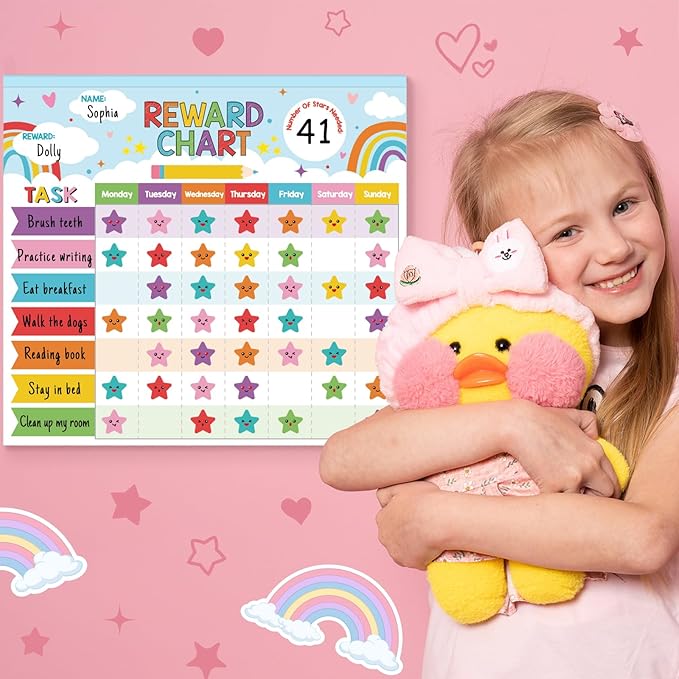 Kids reward chart with rainbow accents, task list, and multicolor star rewards