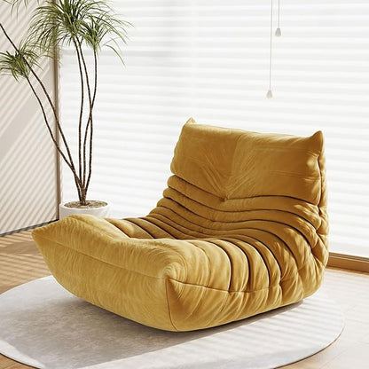 Golden Yellow Ripple Single Floor Lounge Chair - Togo-Style Warm Solo Foam Seat for Japandi Interiors, Nursery, and Sunlit Reading Corners
