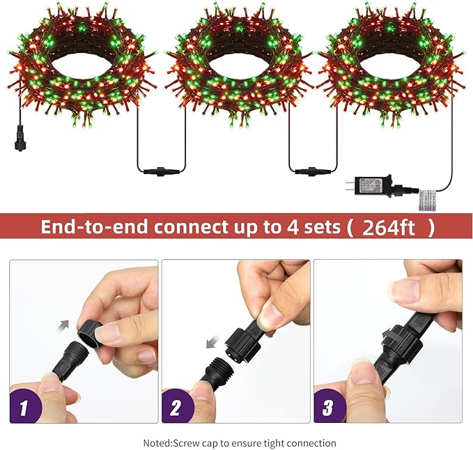 Three connectable LED wreath light strings with plugs and red/green bulbs