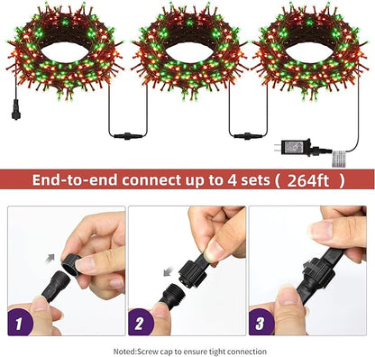 Three connectable LED wreath light strings with plugs and red/green bulbs