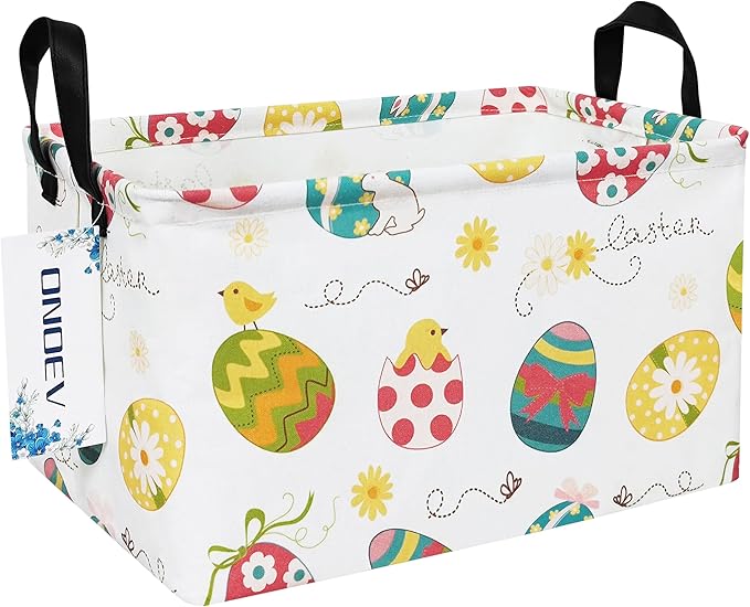 Easter Eggs Canvas Storage Hamper Basket - Foldable Waterproof Easter Egg Hunt Bin for Kids, Easter Gifts, and Spring Hamper Building