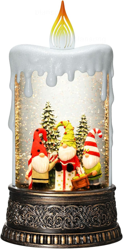 Gnome Snow Globe Candle Christmas Decorations Gifts Auto Snowfall Glitter Music Collection with 6H Timer USB/Battery Powered 9.7 inch