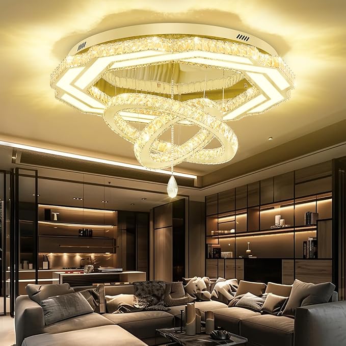 Warm-glowing gold crystal flush mount chandelier with multiple hanging rings
