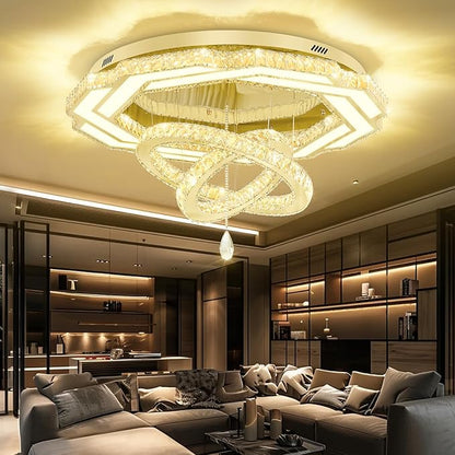 Warm-glowing gold crystal flush mount chandelier with multiple hanging rings