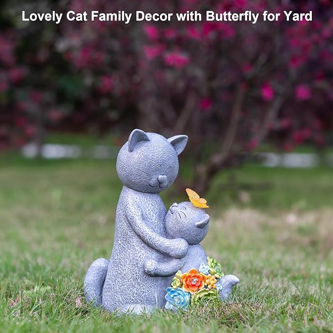 Solar Loving Cat Garden Statue with Butterflies - IP65 Resin Decor