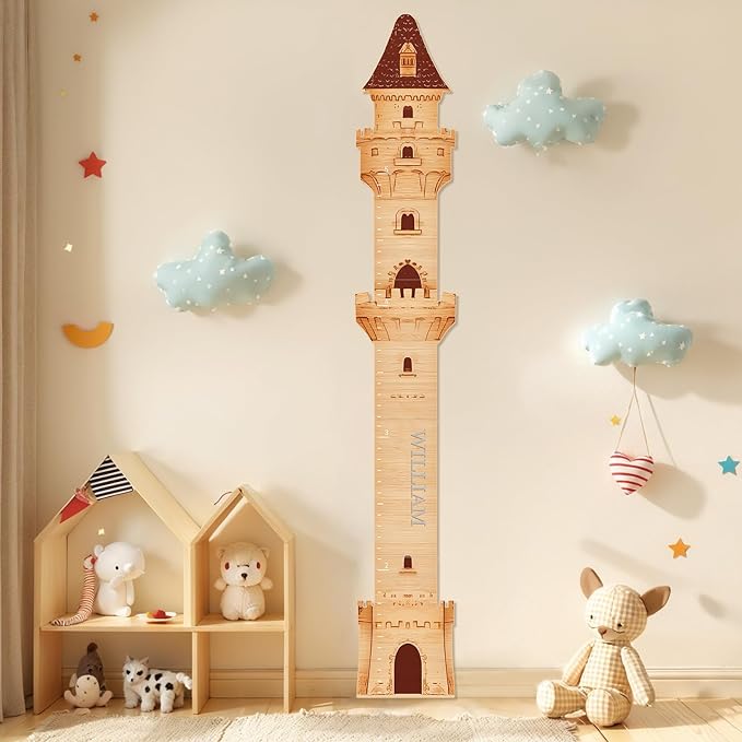 Wooden castle height growth ruler standing on floor in a kids room