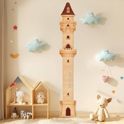 Wooden castle height growth ruler standing on floor in a kids room