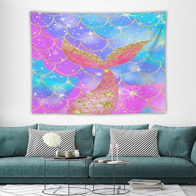Mermaid Scales Wall Tapestry – 80" x 60" Colourful Shiny Mermaid Tail Pattern | Large Landscape Wall Hanging | Bedroom Living Room Dorm