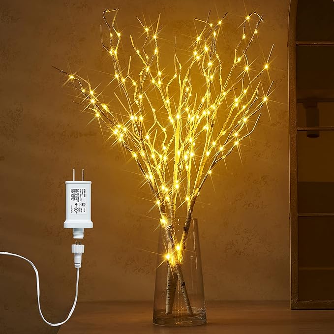White Birch Lighted Branch for Vase – 32" 150 LED Warm White | Flexible Timer & Dimmer | Nordic Christmas Centrepiece Indoor Outdoor Decor