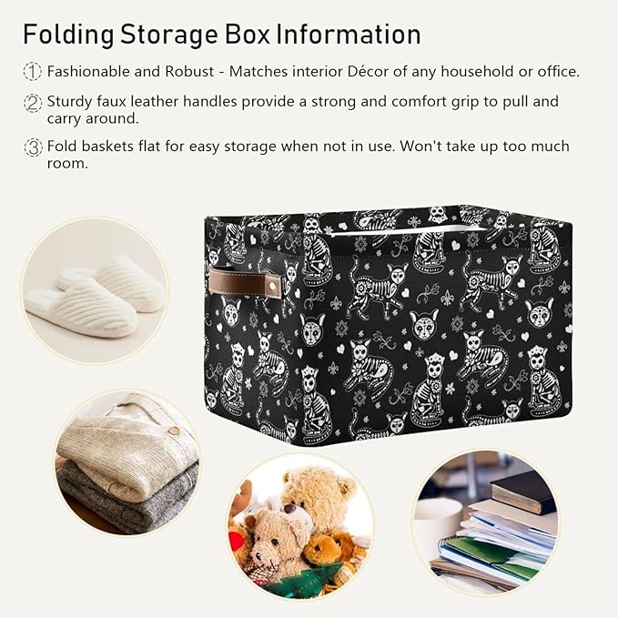 Black folding storage basket with cat skeleton print and tan faux-leather handle