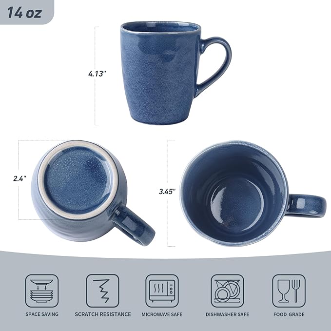 Aurora Reactive Glaze Stoneware Mugs – Set of 4 | 14oz Lagoon Blue | Handcrafted Artisan Coffee Mugs for Latte, Cappuccino & More