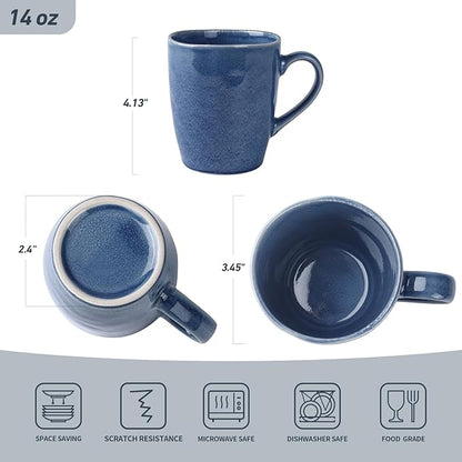 Aurora Reactive Glaze Stoneware Mugs – Set of 4 | 14oz Lagoon Blue | Handcrafted Artisan Coffee Mugs for Latte, Cappuccino & More