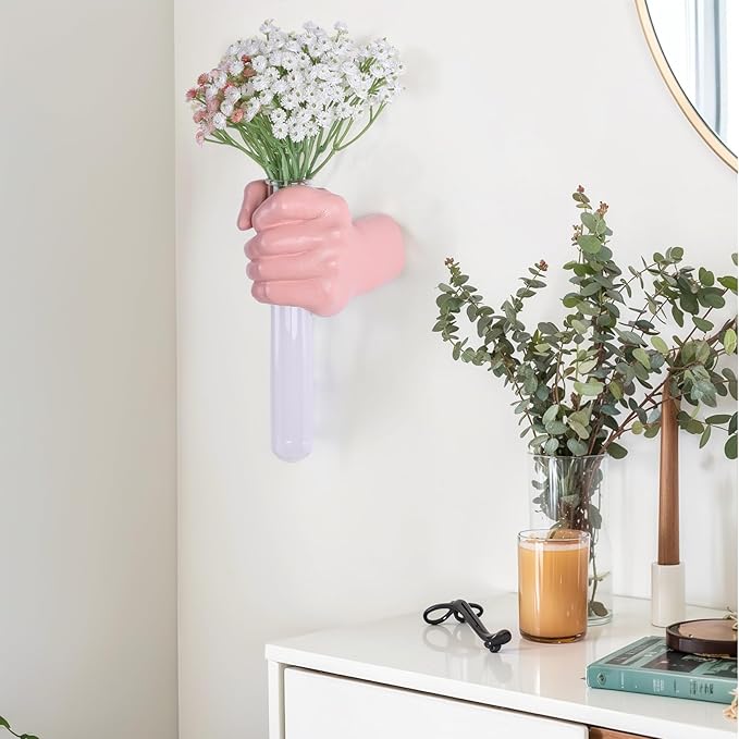 Pink Hand Wall Vase Sculpture - Modern Resin Wall Art with Test Tube Vase for Flowers, Plants, and Decorative Branches