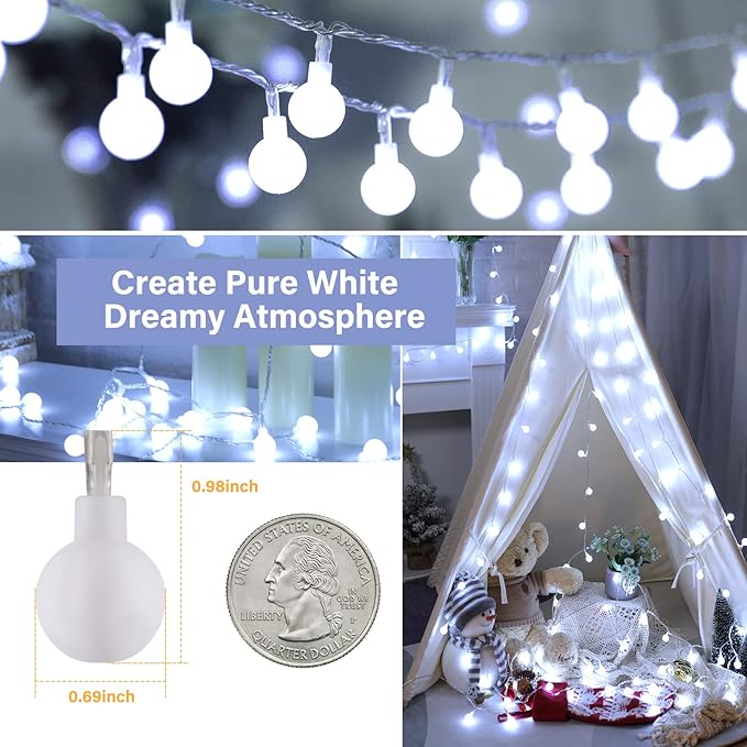 Pure White Globe String Lights – 66ft 200 LED | IP44 Waterproof | Remote Dimmer Timer 8 Modes | Indoor Outdoor Party Wedding Garden Christmas