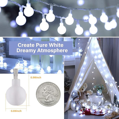 Pure White Globe String Lights – 66ft 200 LED | IP44 Waterproof | Remote Dimmer Timer 8 Modes | Indoor Outdoor Party Wedding Garden Christmas