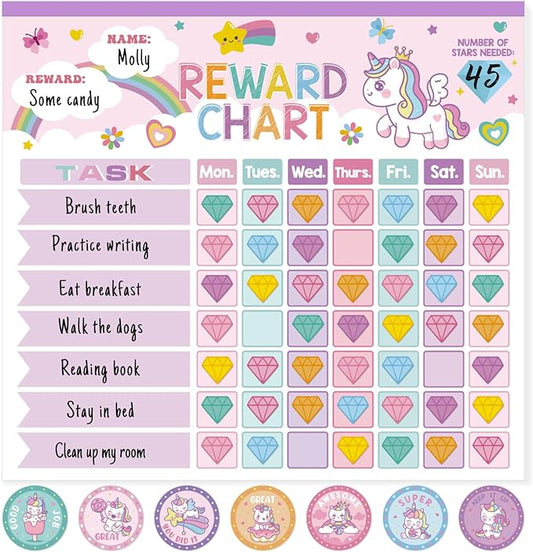 Kids magnetic reward chart with unicorn theme, tasks grid, and diamond sticker rewards