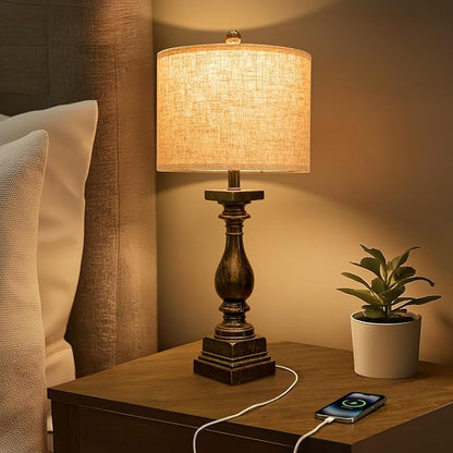 Bedside farmhouse table lamp with beige shade and dark black turned base, power cord