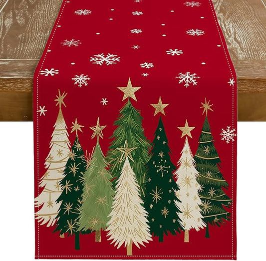 GEEORY red Christmas table runner with pine trees, stars, and snowflake pattern