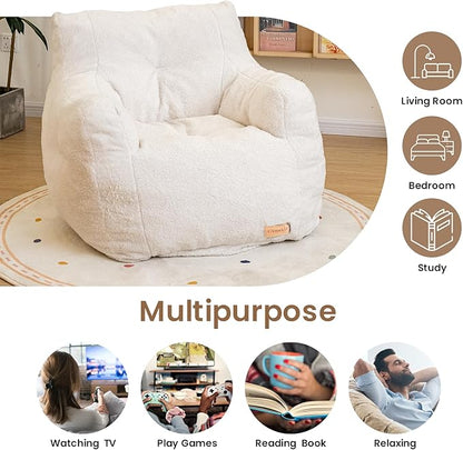 White Faux Fur Memory Foam Bean Bag Chair - Tufted Cloud Lounge Chair with Armrests for Reading Nook, Bedroom, Living Room, and Dorm