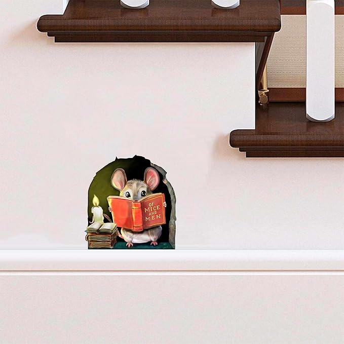 Mouse reading wall sticker on wall: small beige mouse holding red book and candle