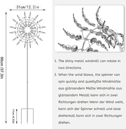 3D Kinetic Metal Wind Spinners – 2-Pack Tall Silver Dual-Tier Garden Sculpture | 12.2"x38" Counter-Rotating | Yard & Patio Decor