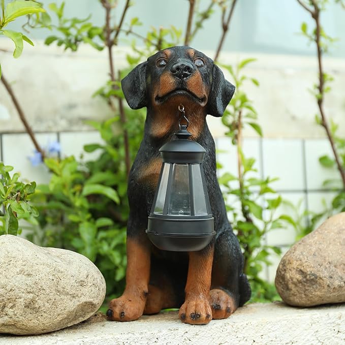 Solar Rottweiler Garden Statue with LED Light - 13-Inch Resin Dog Outdoor Decor