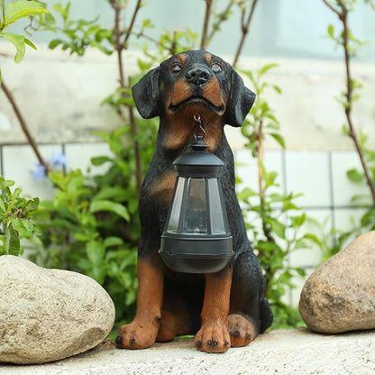 Solar Rottweiler Garden Statue with LED Light - 13-Inch Resin Dog Outdoor Decor