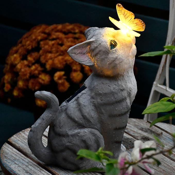 Cat Solar Garden Statue with LED Light - Waterproof Resin Outdoor Decor
