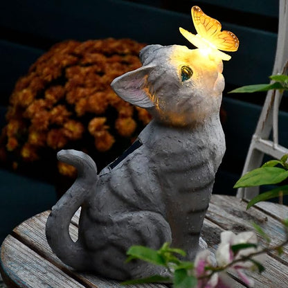 Cat Solar Garden Statue with LED Light - Waterproof Resin Outdoor Decor