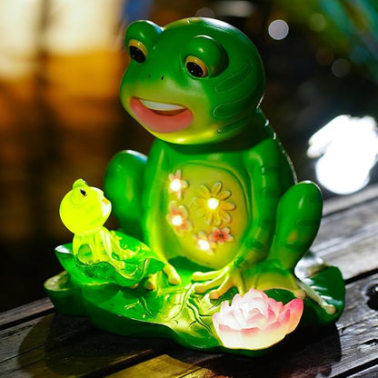 Solar Frog Mother and Baby Garden Statue with 6 LED Lights - Resin Outdoor Family Decor