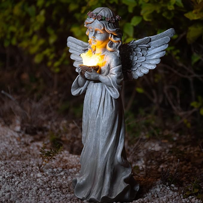 Solar Angel Garden Statue Holding Dove with Glowing Light - Resin Waterproof Outdoor Decor