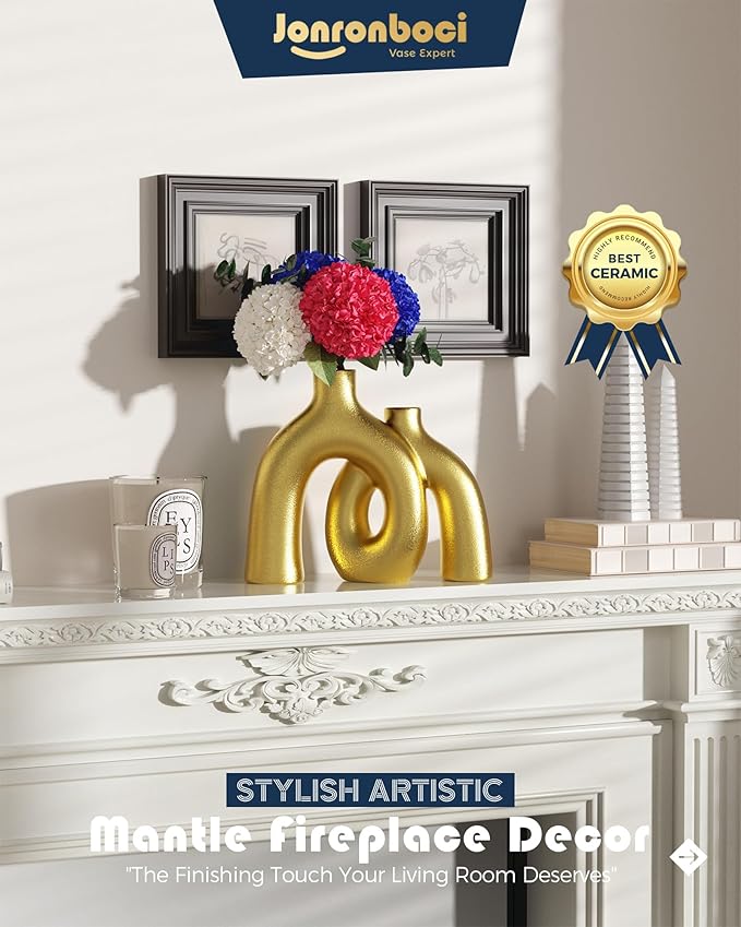 Matte gold ceramic hug vase, conjoined donut sculpture for mantels