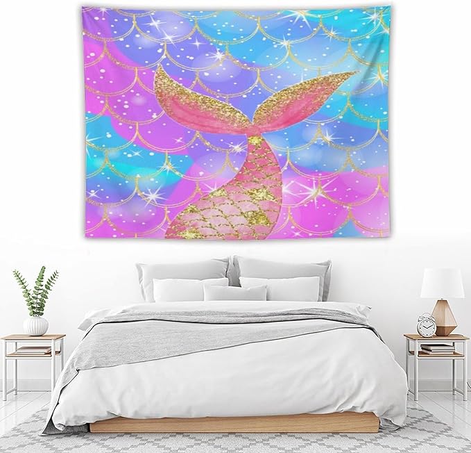Mermaid Scales Wall Tapestry – 80" x 60" Colourful Shiny Mermaid Tail Pattern | Large Landscape Wall Hanging | Bedroom Living Room Dorm