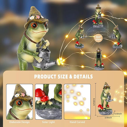 Solar Frog Garden Statue with Watering Can and Straw Hat - 8.8-Inch Resin Decor