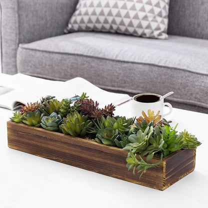 Rustic brown wooden faux succulent centerpiece in a long rectangular planter