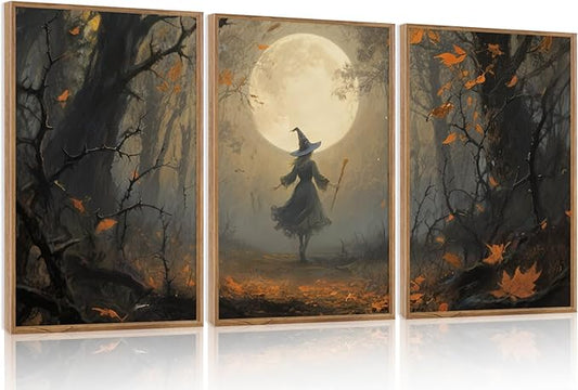 Moonlight Witch in the Maple Forest Framed Canvas Wall Art – Set of 3 | 16"x24" Gothic Dark Academia Witchy Decor | Halloween & Mystical Home Decor