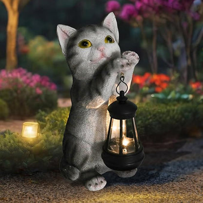 British Shorthair Cat Solar Garden Statue with Lantern - Weather-Resistant Resin Decor