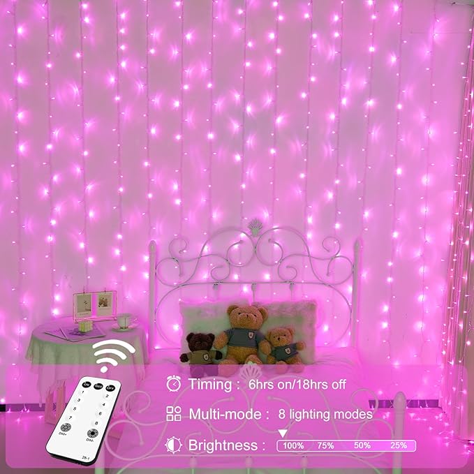 Pink LED curtain lights with hanging strands and remote control display