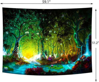 Mystical River Forest Tapestry (Small) – Fairy Tale Sunrise & Sunset Landscape Wall Hanging | 51.2" x 59.1"