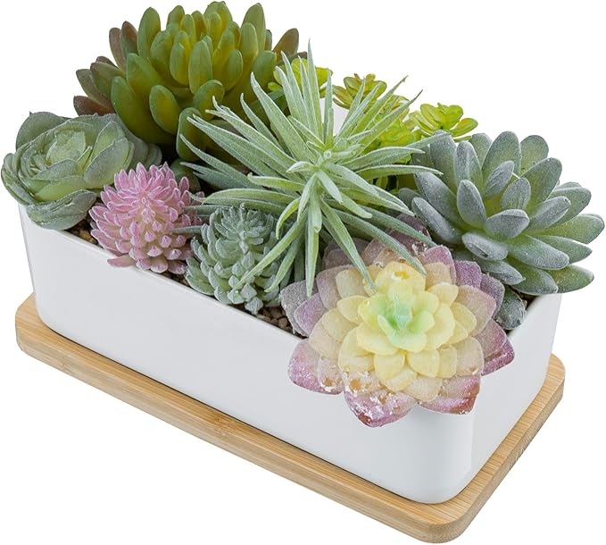 Rectangular faux succulent planter with assorted green and pastel succulents in white ceramic