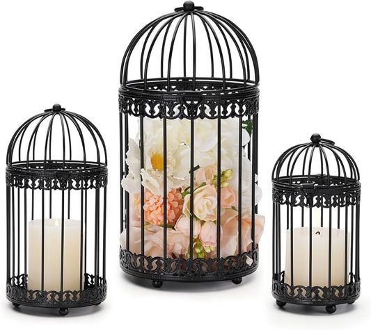 Set of 3 black metal birdcage candle lanterns with scalloped cage tops