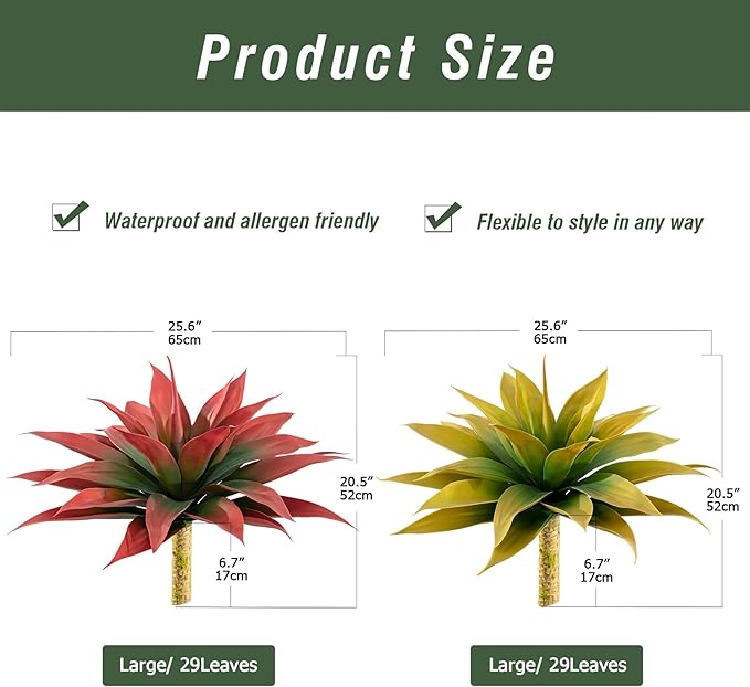 Two faux agave plants in gold planters, red-green and yellow-green leaf designs