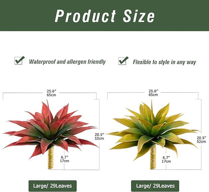 Two faux agave plants in gold planters, red-green and yellow-green leaf designs